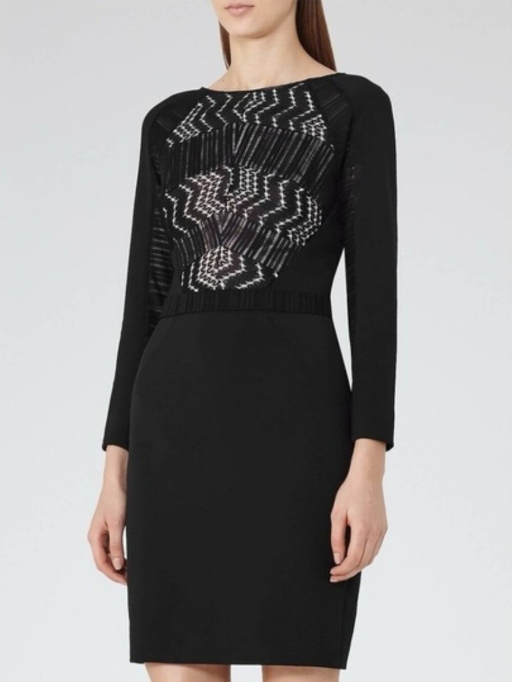 REISS Black Long-Sleeve Lace Overlay Sheath Dress - Picture 2 of 5